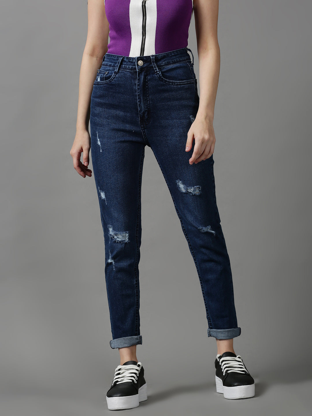 Women's Navy Blue Slim Fit Mildly Distressed Light Fade Stretchable Denim Jeans