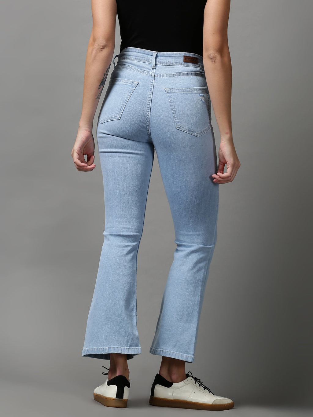 Women's Blue Bootcut Mildly Distressed Light Fade Stretchable Denim Jeans