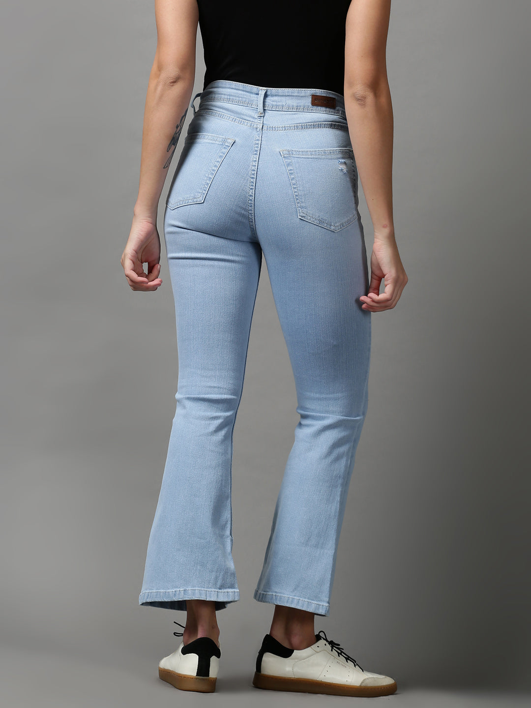 Women's Blue Bootcut Mildly Distressed Light Fade Stretchable Denim Jeans