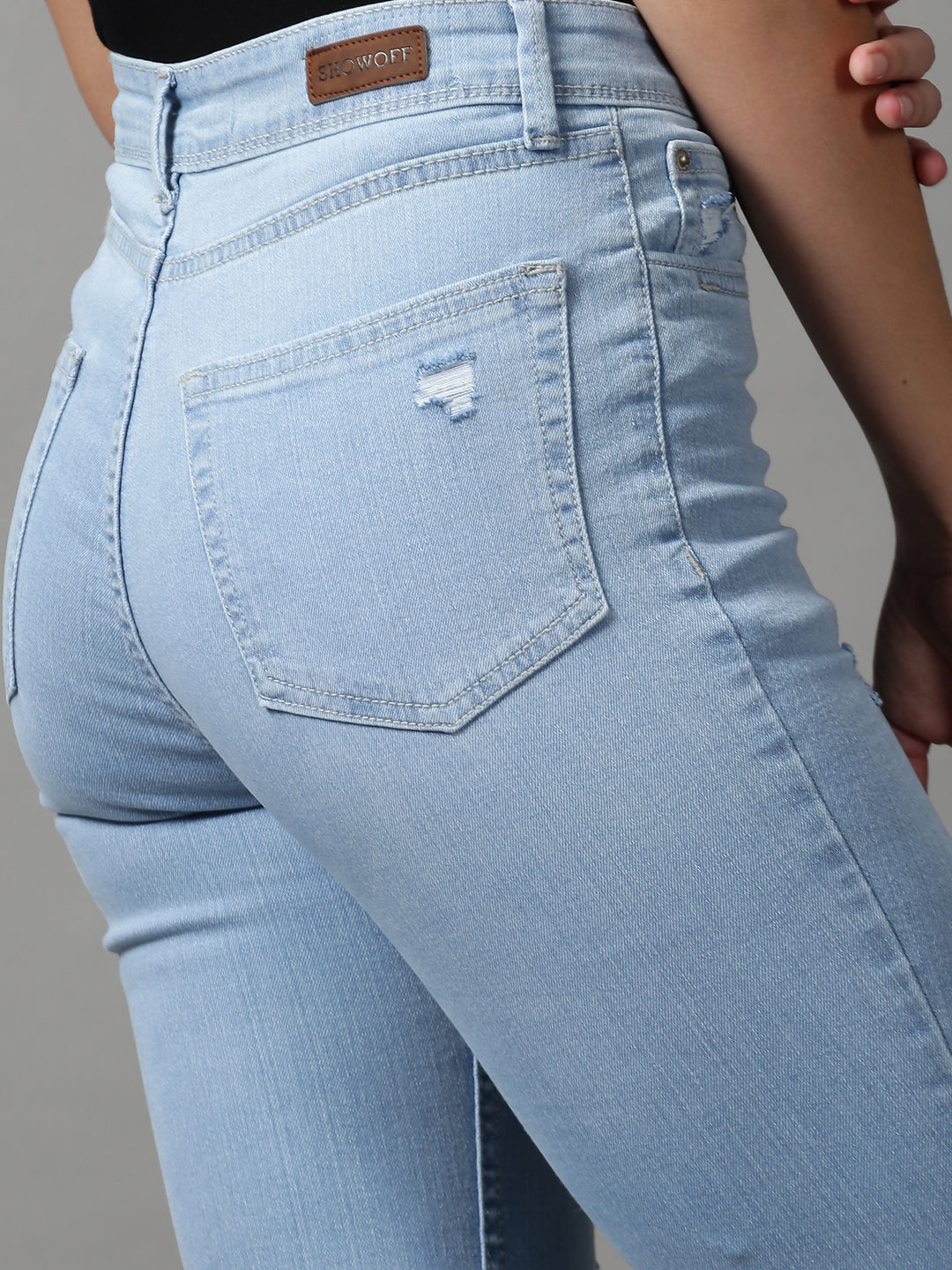 Women's Blue Bootcut Mildly Distressed Light Fade Stretchable Denim Jeans