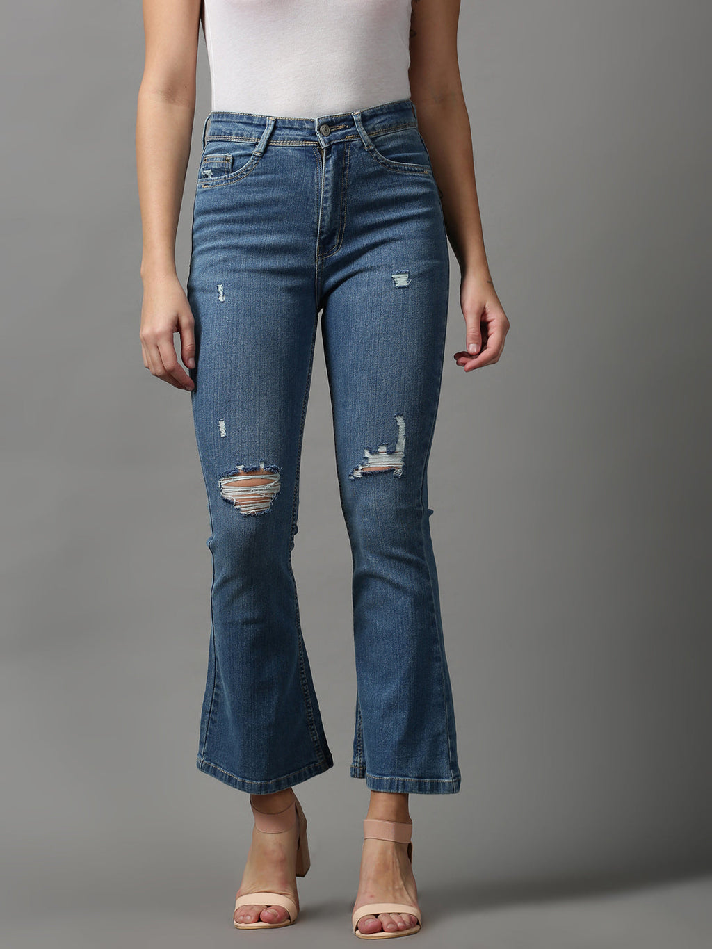 Women's Blue Bootcut Mildly Distressed Light Fade Stretchable Denim Jeans