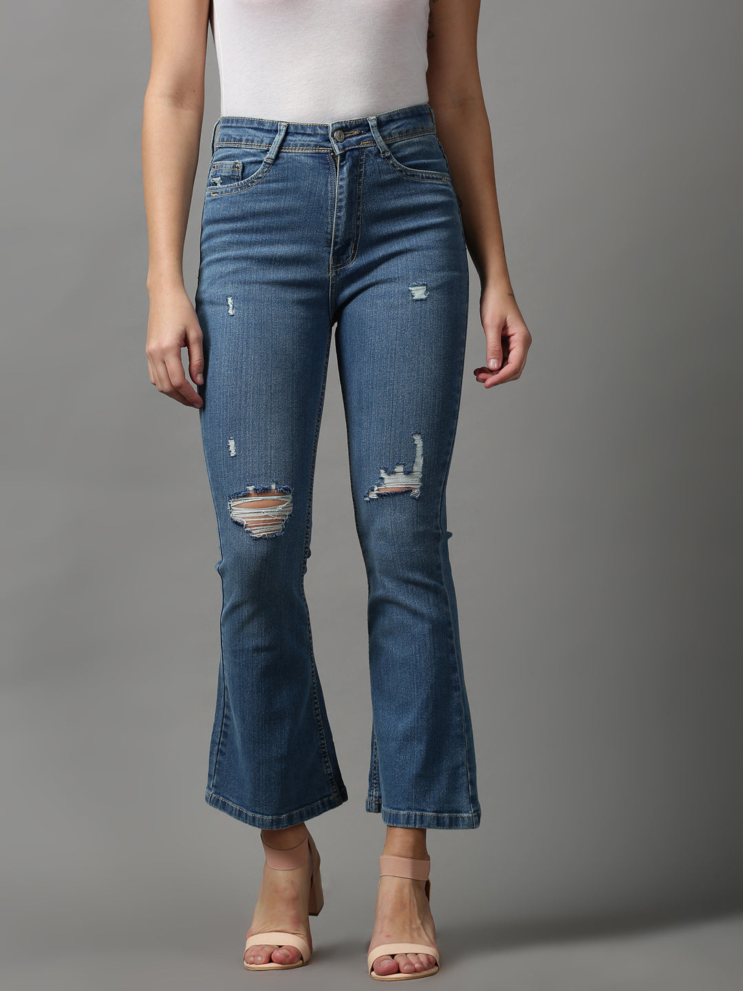 Women's Blue Bootcut Mildly Distressed Light Fade Stretchable Denim Jeans