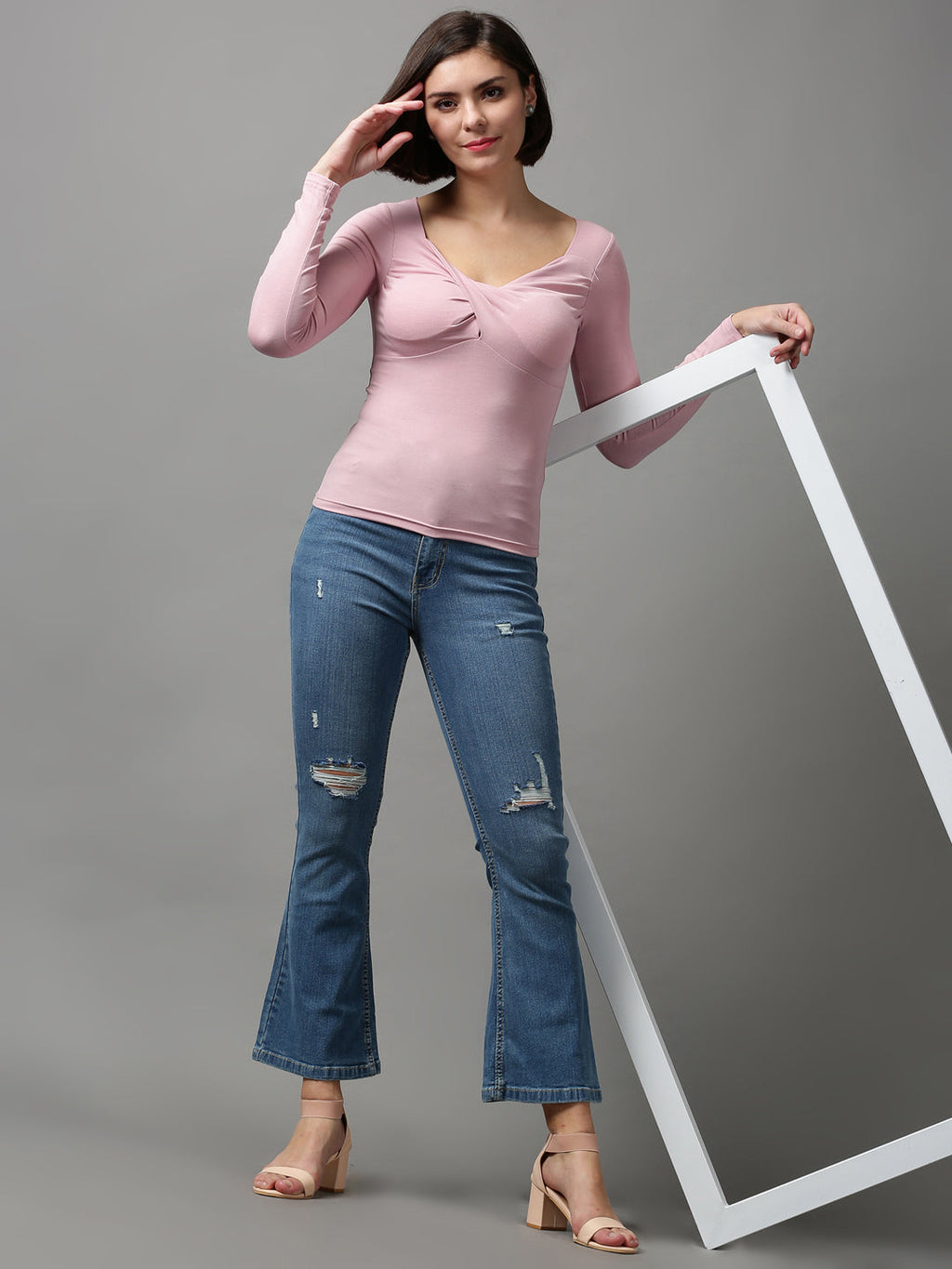 Women's Blue Bootcut Mildly Distressed Light Fade Stretchable Denim Jeans