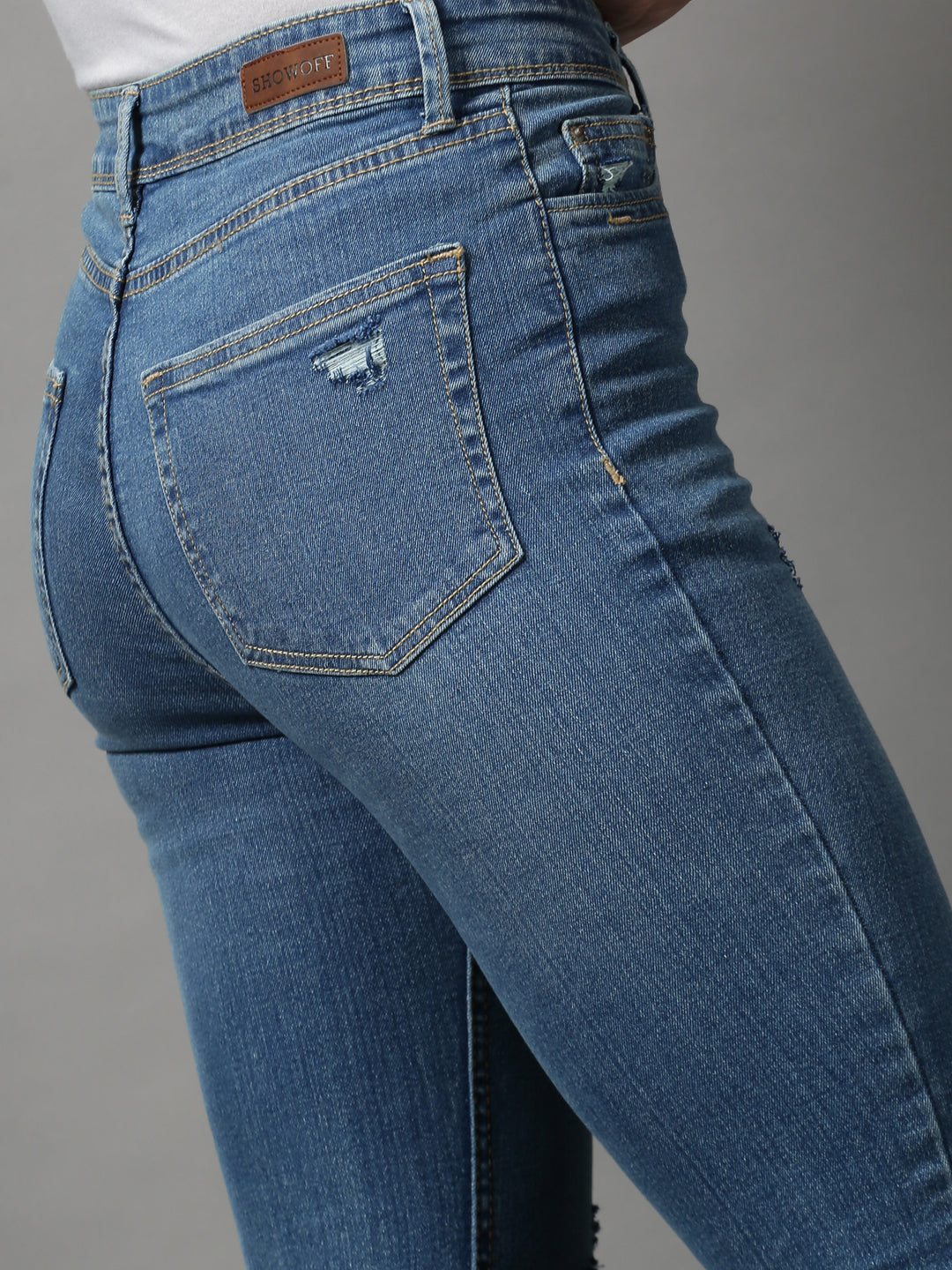 Women's Blue Bootcut Mildly Distressed Light Fade Stretchable Denim Jeans