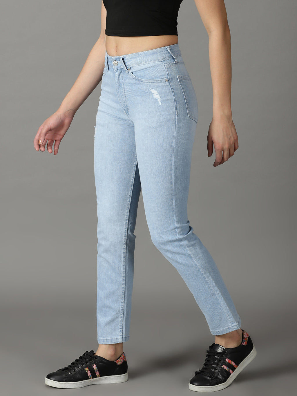 Women's Blue Straight Fit Light Fade Low Distress Stretchable Jeans