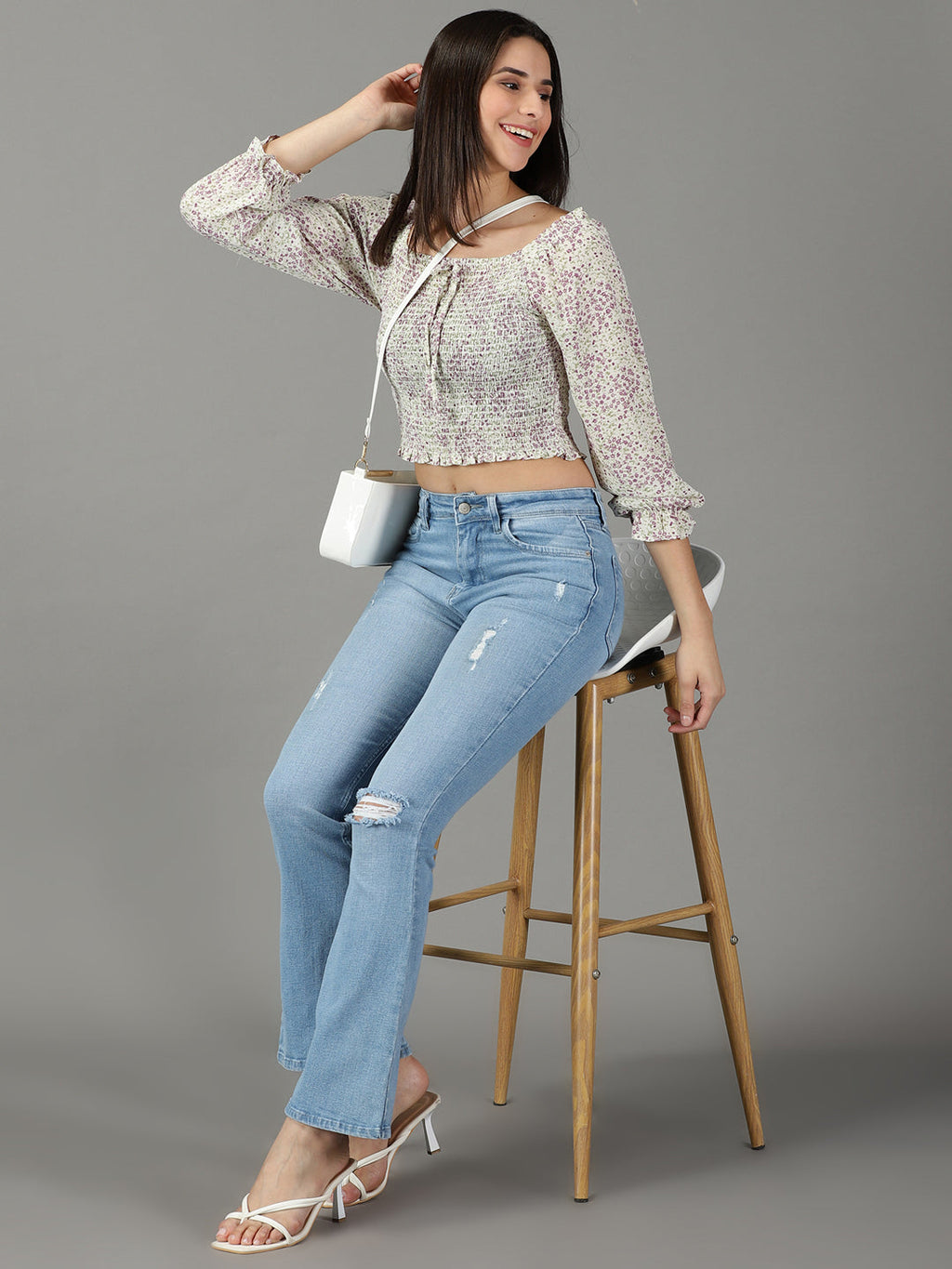 Women's Blue Bootcut High-Rise Mildly Distressed Light Fade Cotton Stretchable Jeans