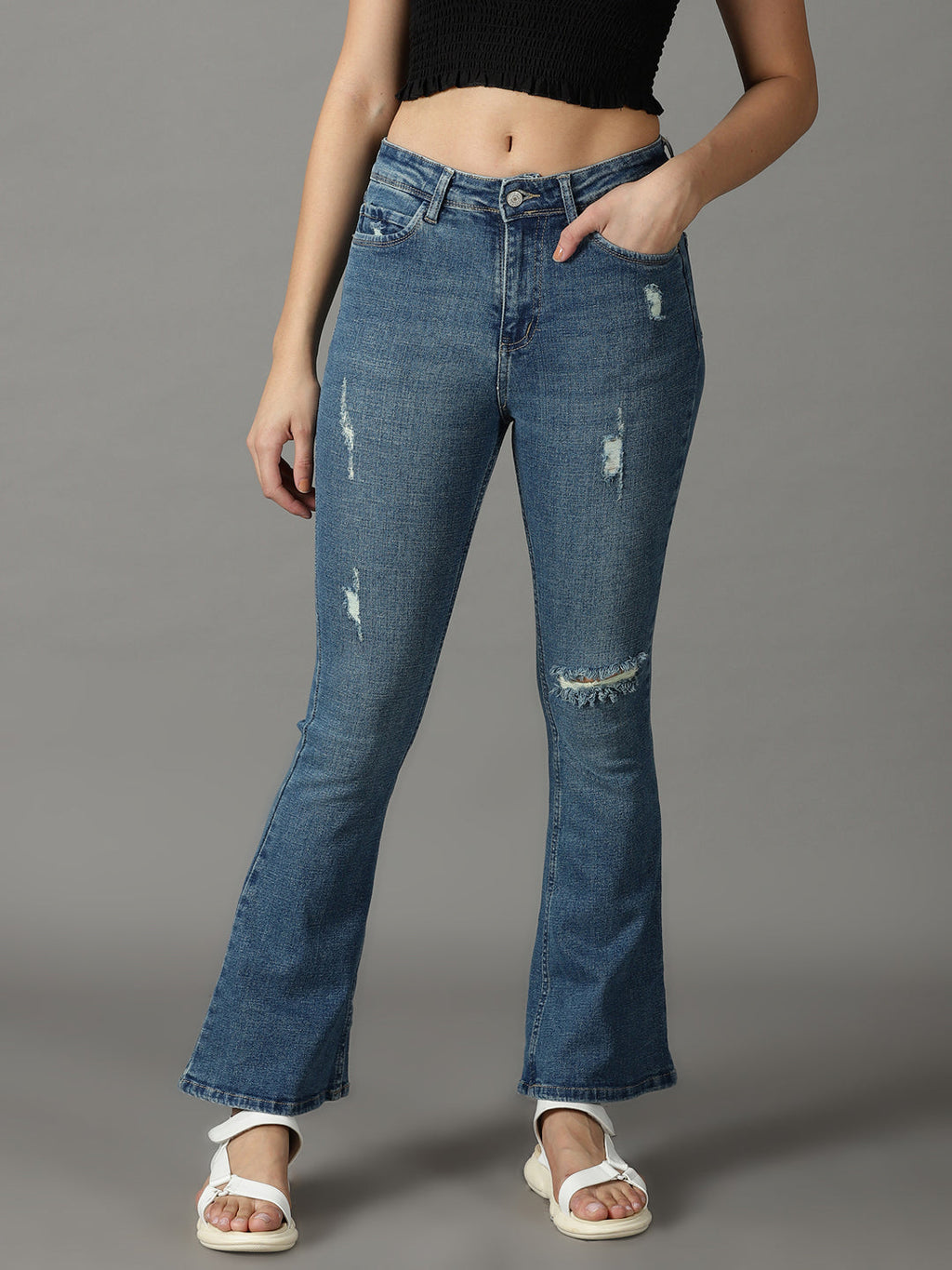 Women's Blue Bootcut Mid-Rise Mildly Distressed Light Fade Stretchable Jeans