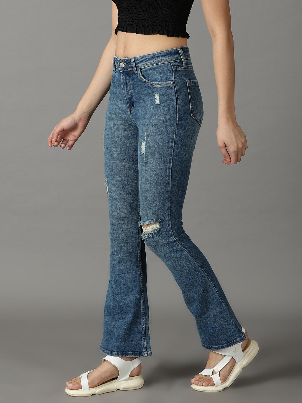 Women's Blue Bootcut Mid-Rise Mildly Distressed Light Fade Stretchable Jeans