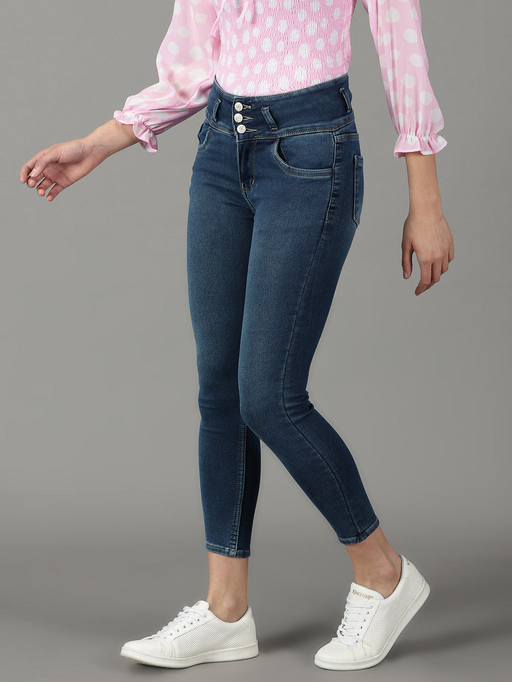 Women's Navy Blue Slim Fit High-Rise Light Fade Bleached Cotton Stretchable Jeans