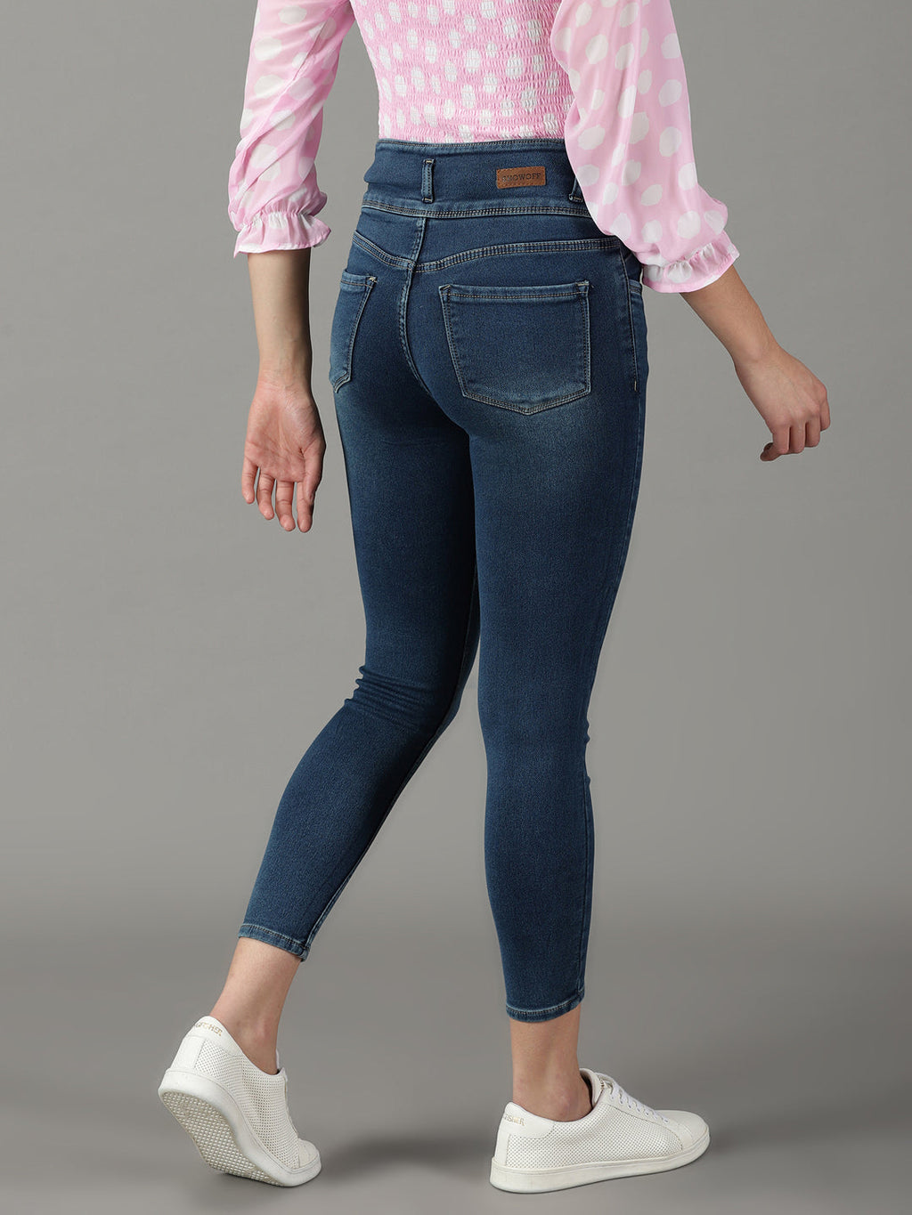 Women's Navy Blue Slim Fit High-Rise Light Fade Bleached Cotton Stretchable Jeans