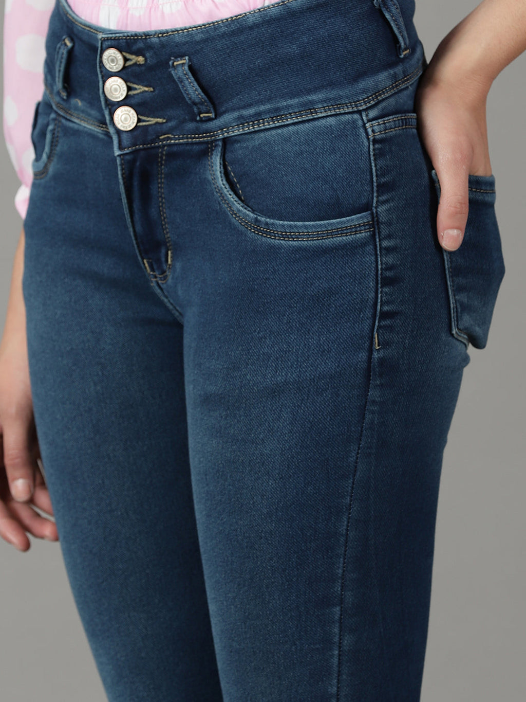 Women's Navy Blue Slim Fit High-Rise Light Fade Bleached Cotton Stretchable Jeans