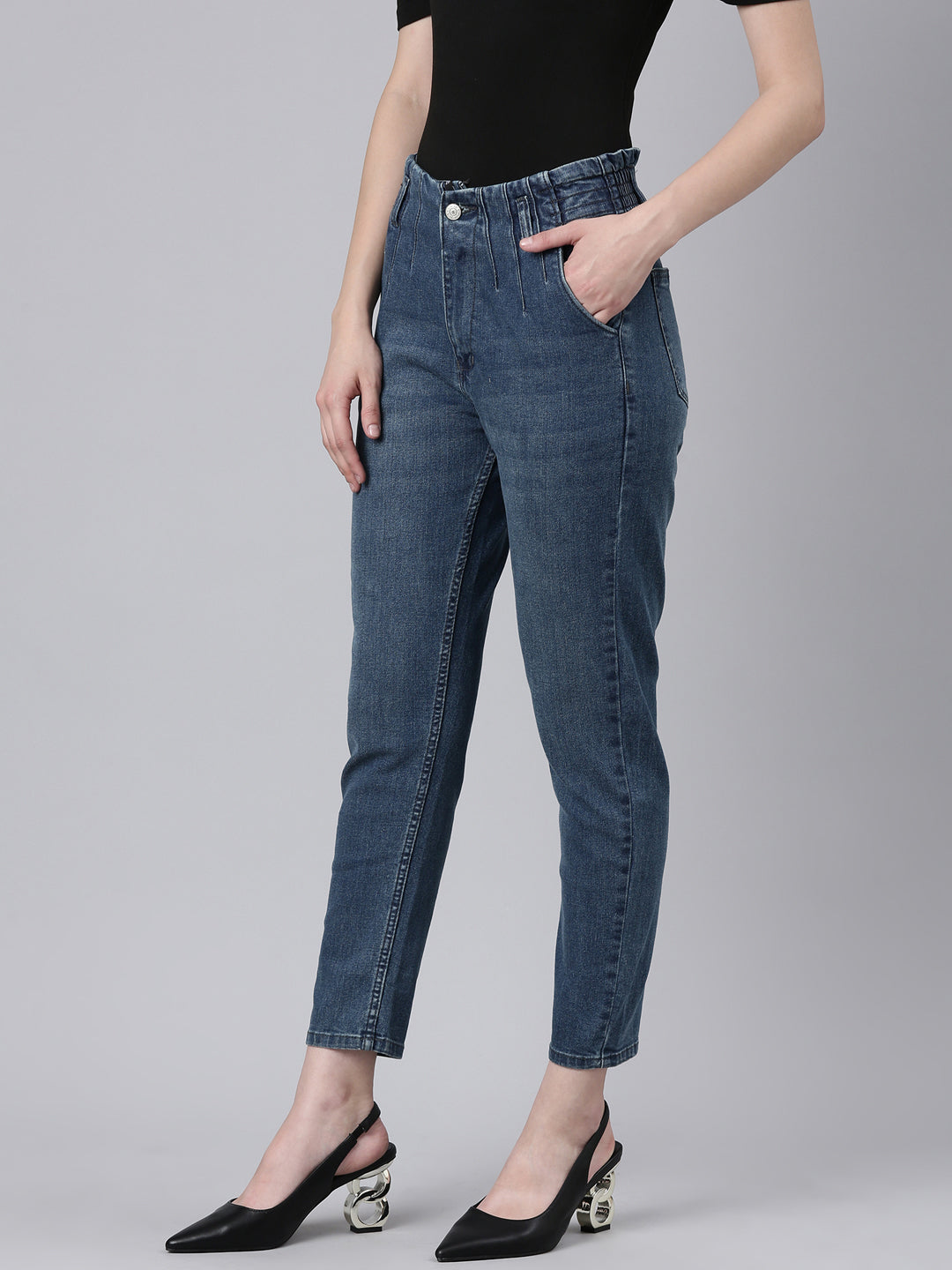 Women's Navy Blue Mom Fit Acid Wash Cropped Denim Jeans