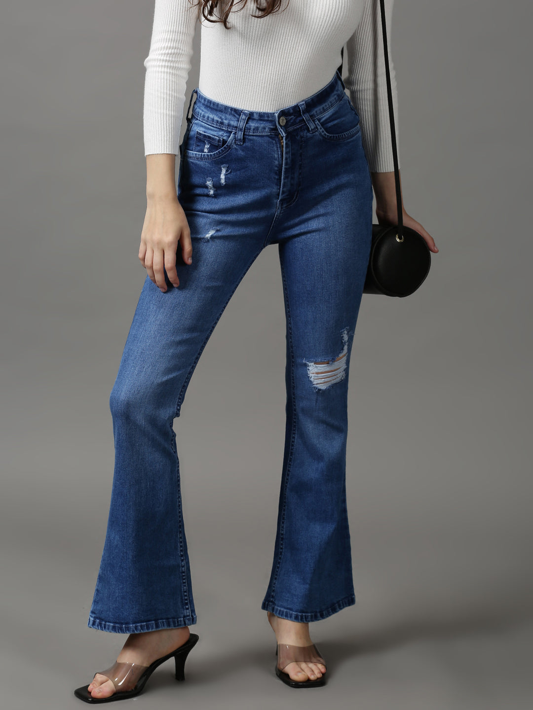 Women's Blue Bootcut Low Distress Light Fade Stretchable Denim Jeans