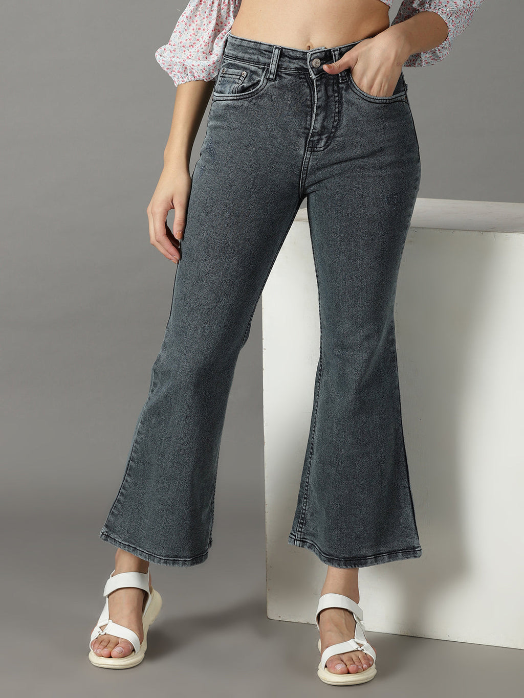 Women's Grey Bootcut High-Rise Acid Wash Stretchable Jeans