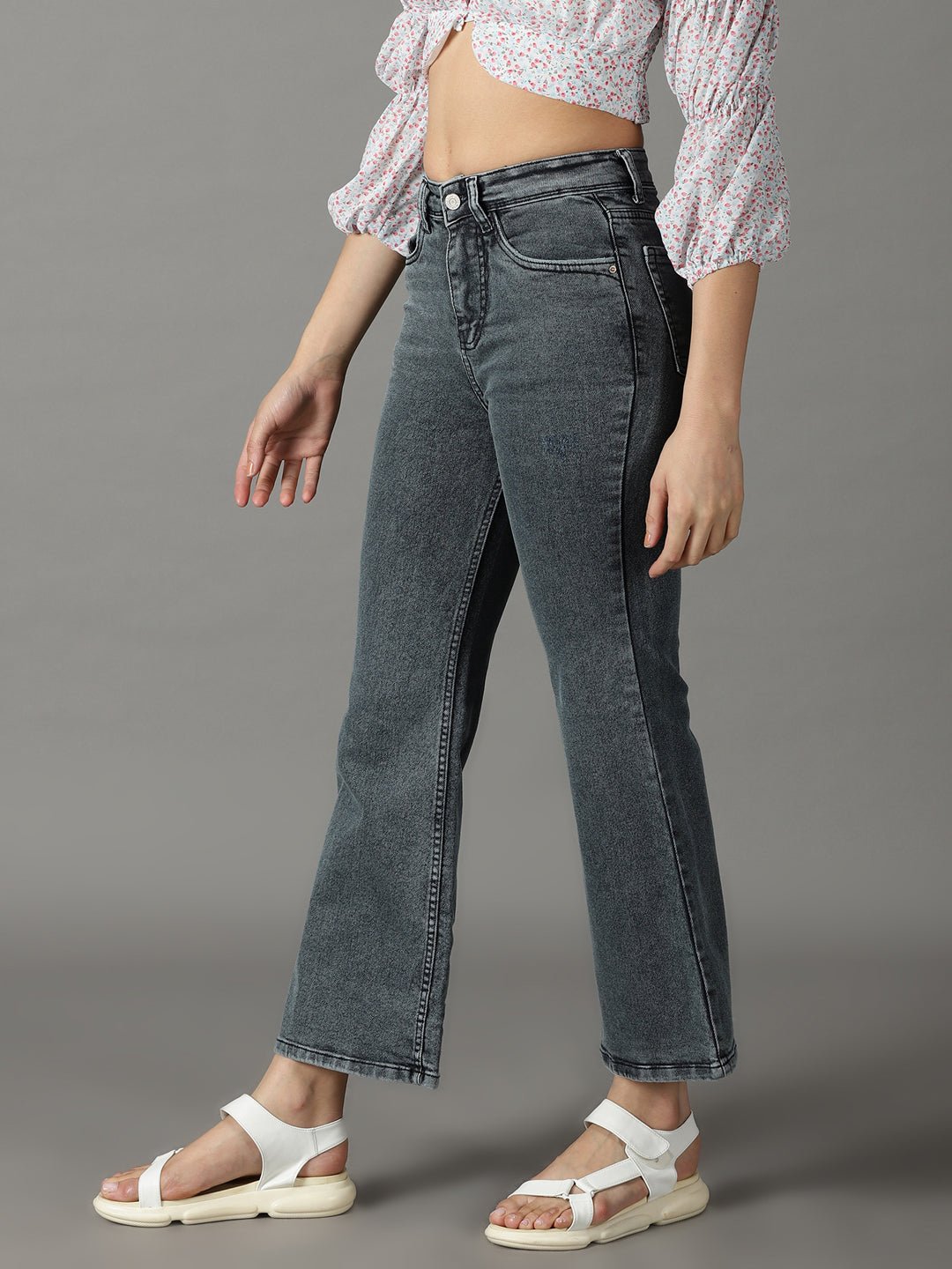 Women's Grey Bootcut High-Rise Acid Wash Stretchable Jeans