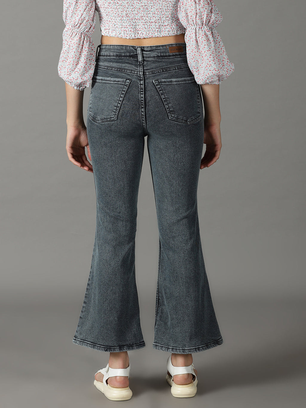 Women's Grey Bootcut High-Rise Acid Wash Stretchable Jeans