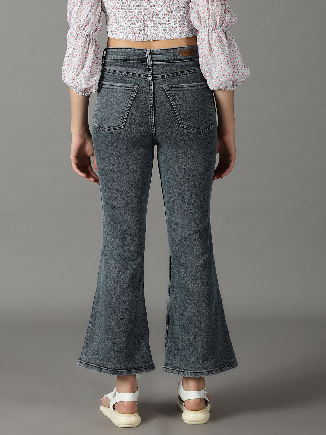 Women's Grey Bootcut High-Rise Acid Wash Stretchable Jeans