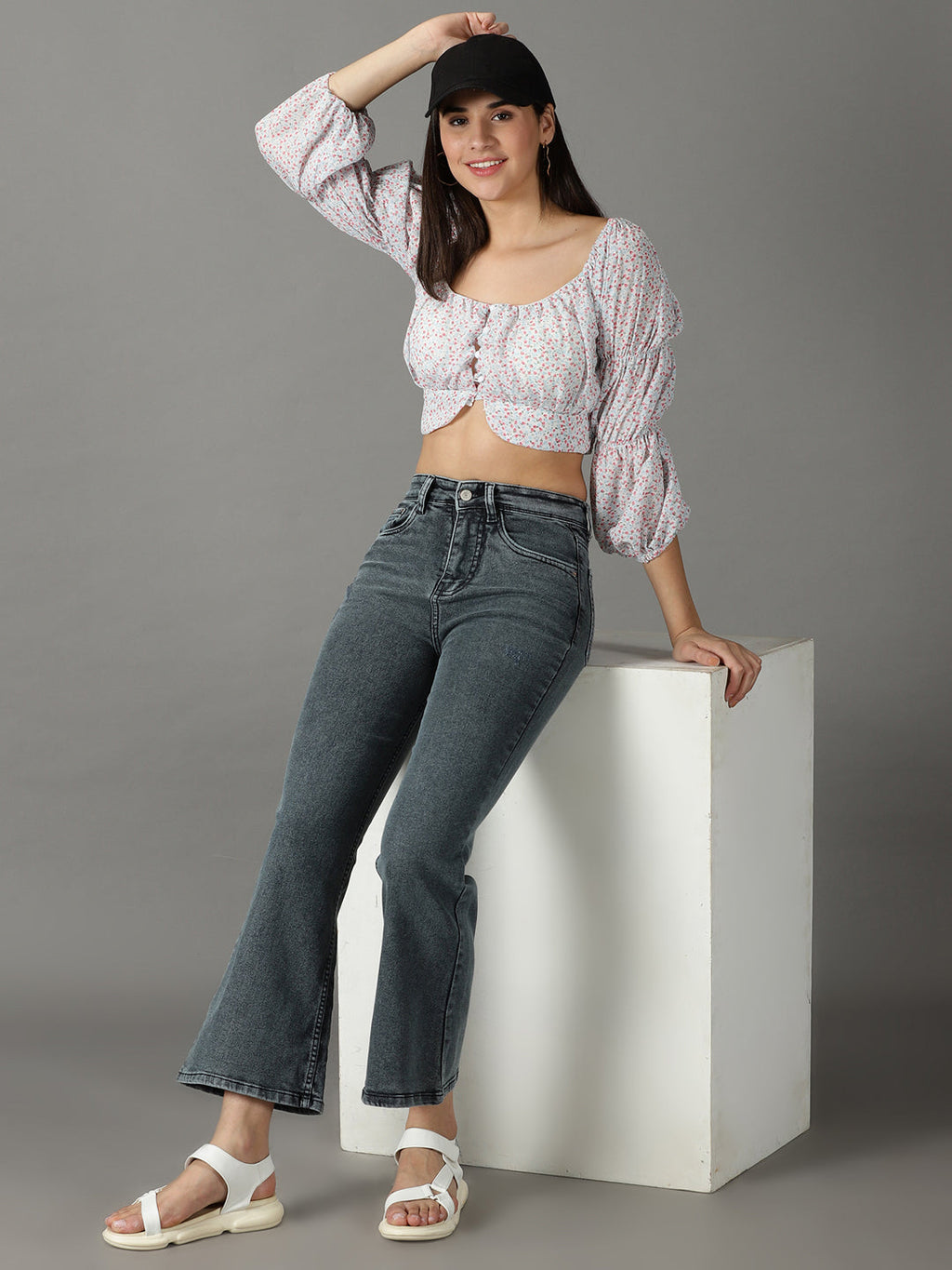 Women's Grey Bootcut High-Rise Acid Wash Stretchable Jeans