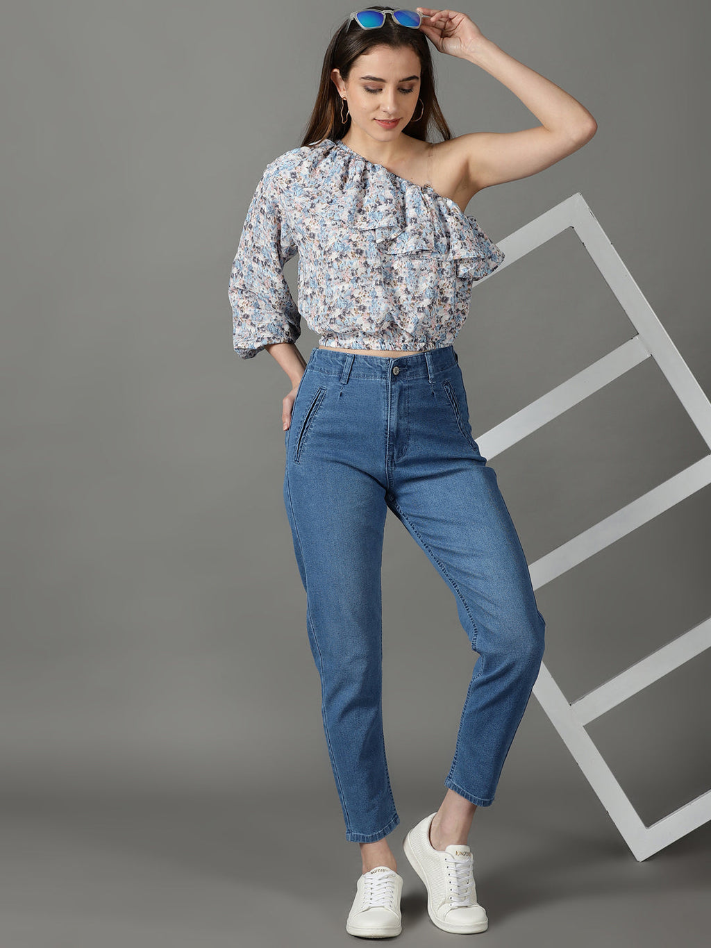 Women's Blue High-Rise Light Fade Acid Wash Stretchable Cotton Jeans