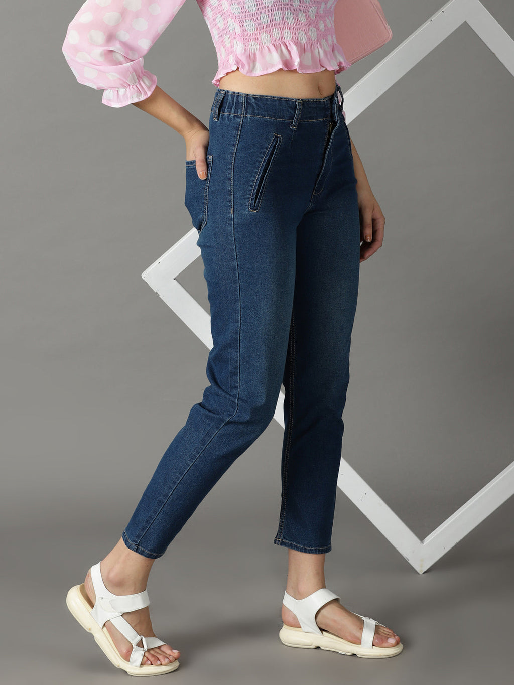 Women's Navy Blue Mom Fit High-Rise Stretchable Jeans