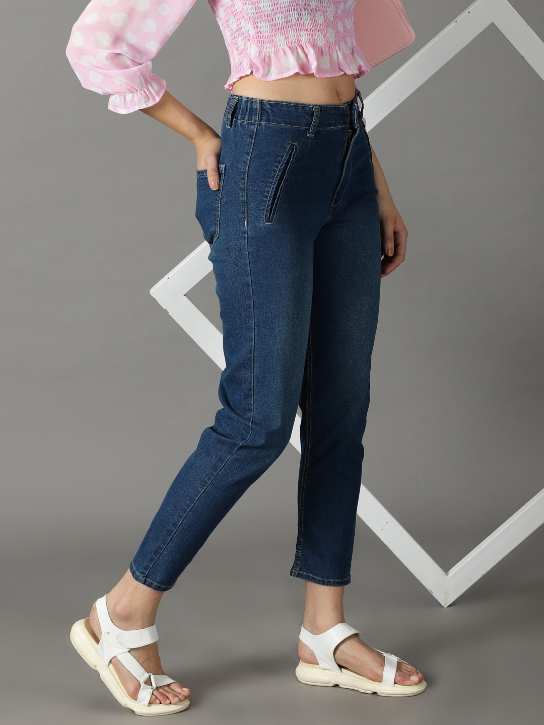 Women's Navy Blue Mom Fit High-Rise Stretchable Jeans