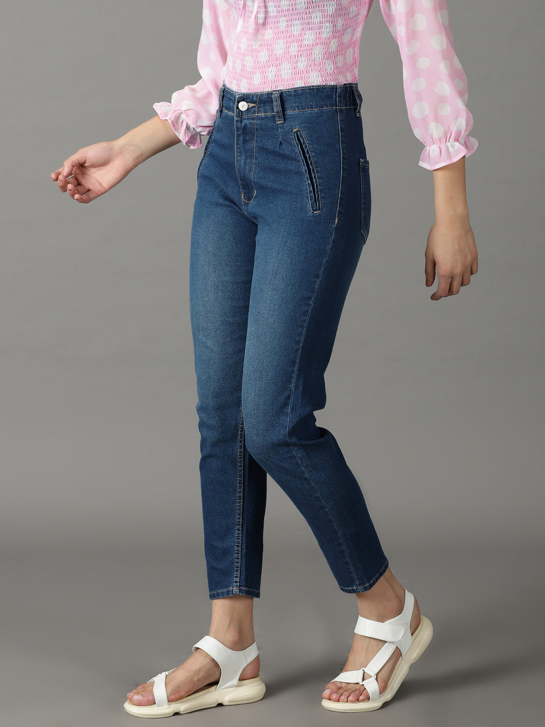 Women's Navy Blue Mom Fit High-Rise Stretchable Jeans