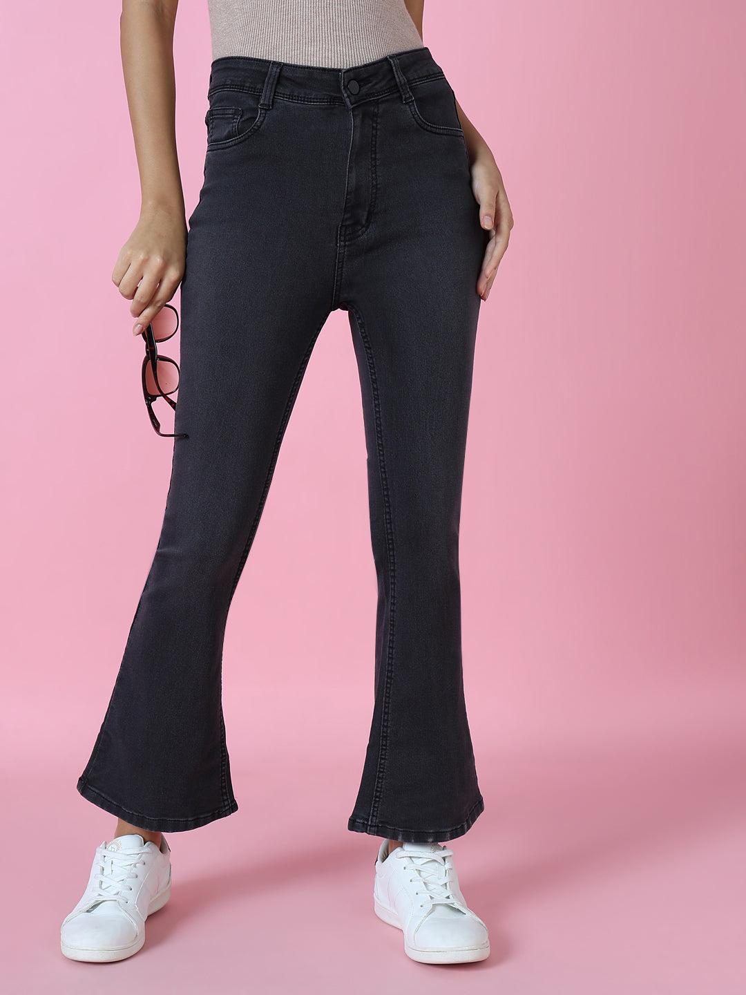 Women's Grey Jean Flared High-Rise Acid Wash Stretchable Jeans