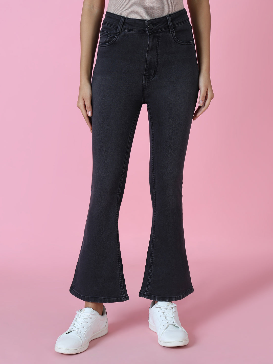 Women's Grey Jean Flared High-Rise Acid Wash Stretchable Jeans