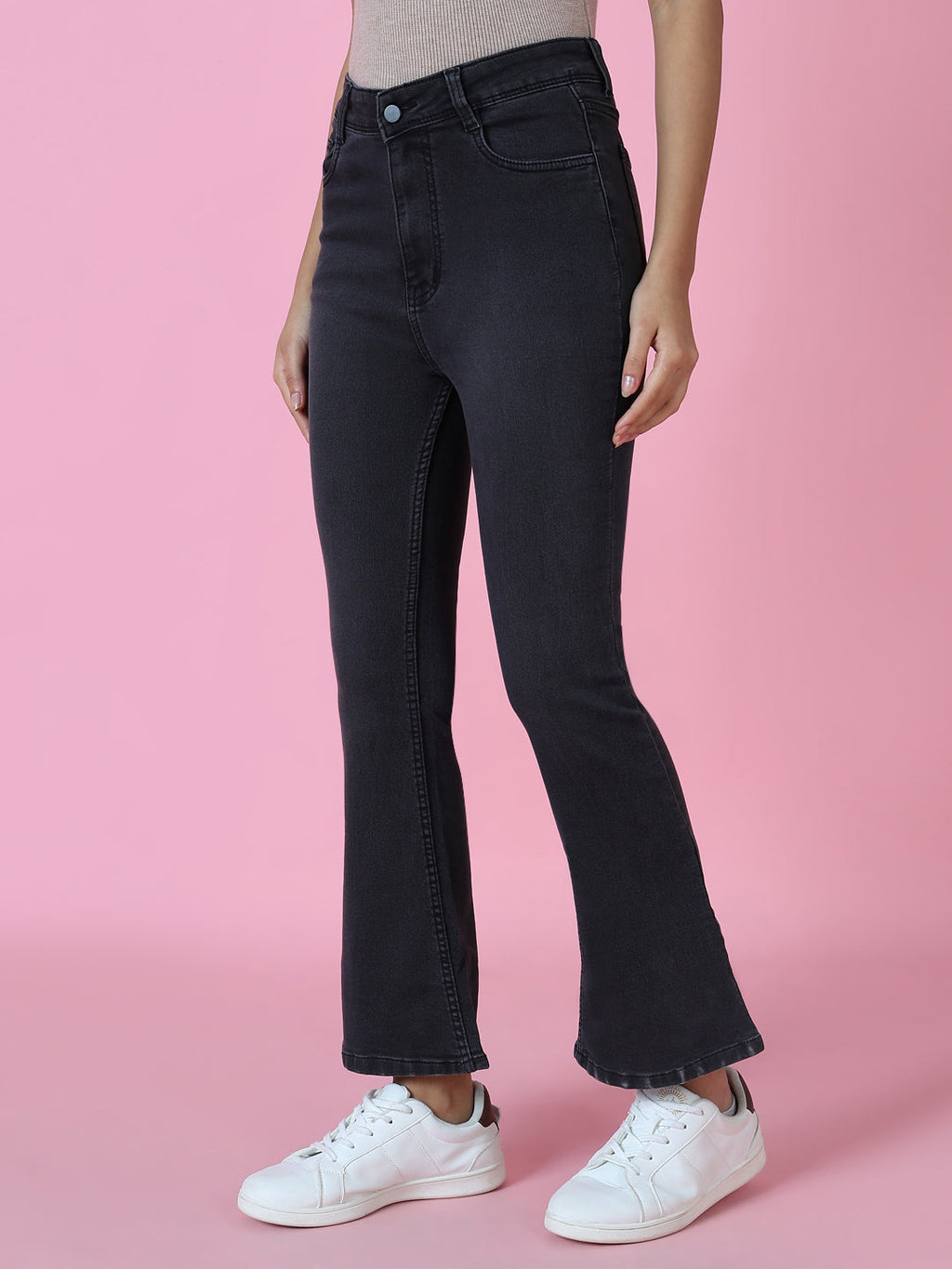 Women's Grey Jean Flared High-Rise Acid Wash Stretchable Jeans