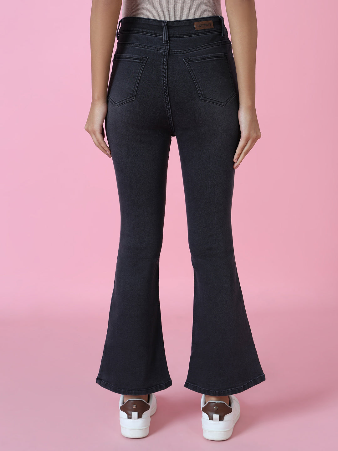 Women's Grey Jean Flared High-Rise Acid Wash Stretchable Jeans