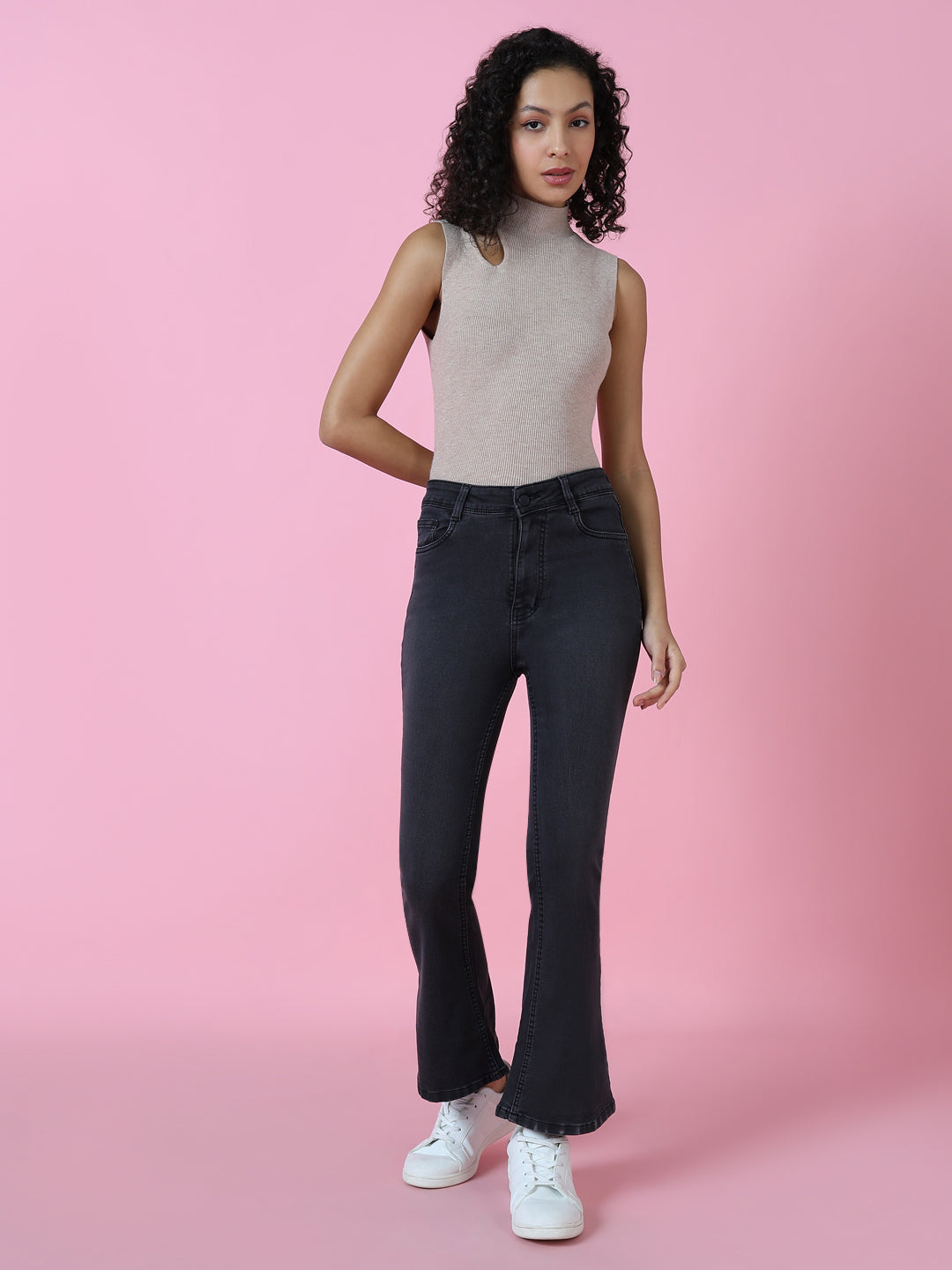 Women's Grey Jean Flared High-Rise Acid Wash Stretchable Jeans