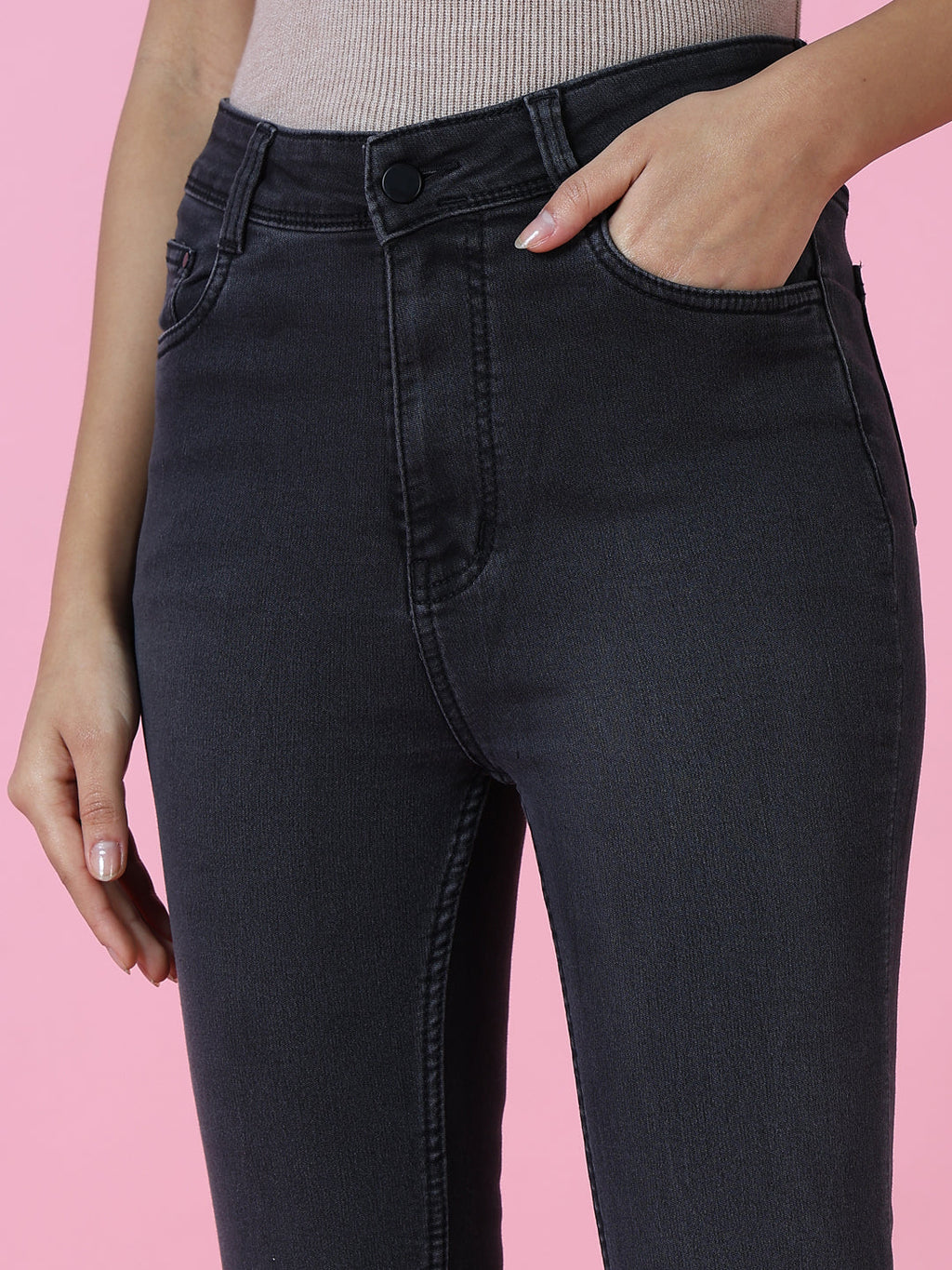 Women's Grey Jean Flared High-Rise Acid Wash Stretchable Jeans