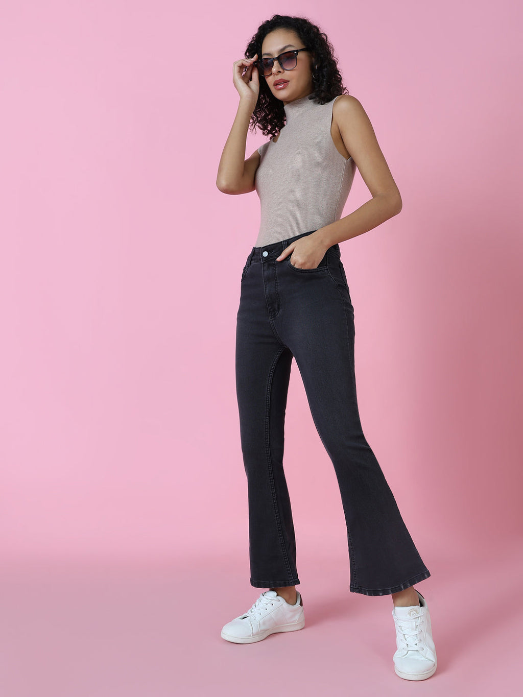 Women's Grey Jean Flared High-Rise Acid Wash Stretchable Jeans