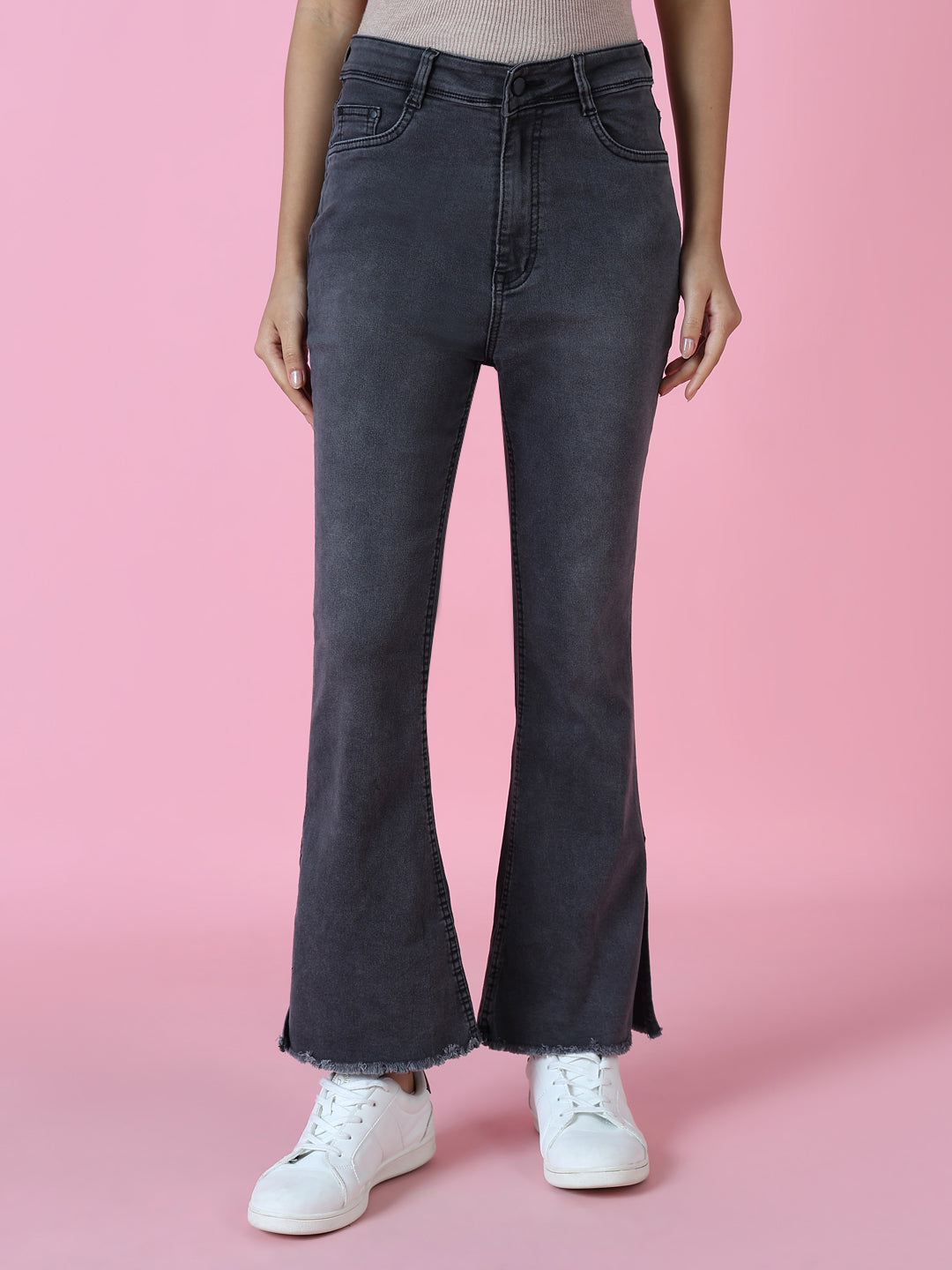 Women's Grey Flared Fit Acid Wash Crinkle Denim Jeans