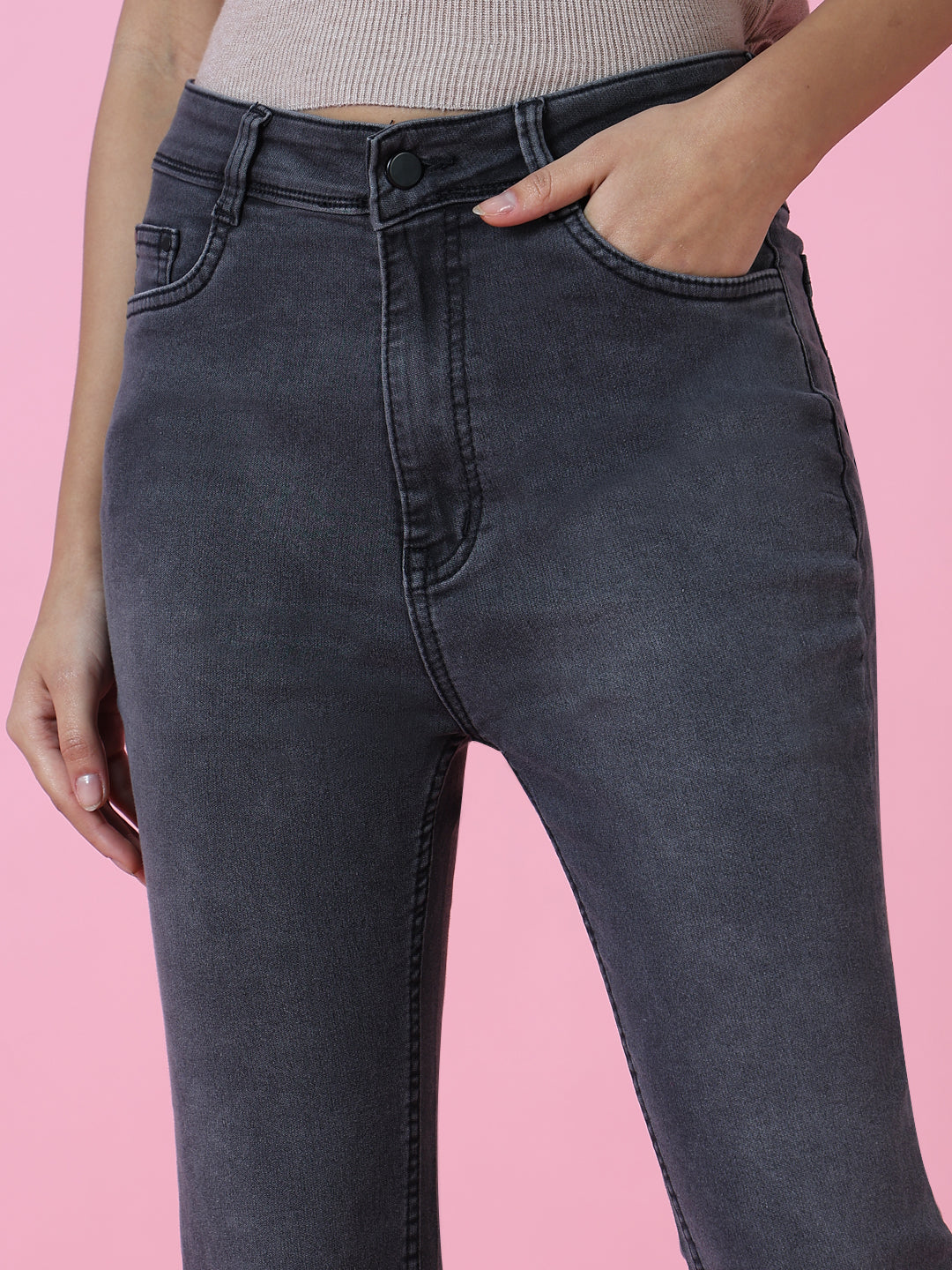 Women's Grey Flared Fit Acid Wash Crinkle Denim Jeans