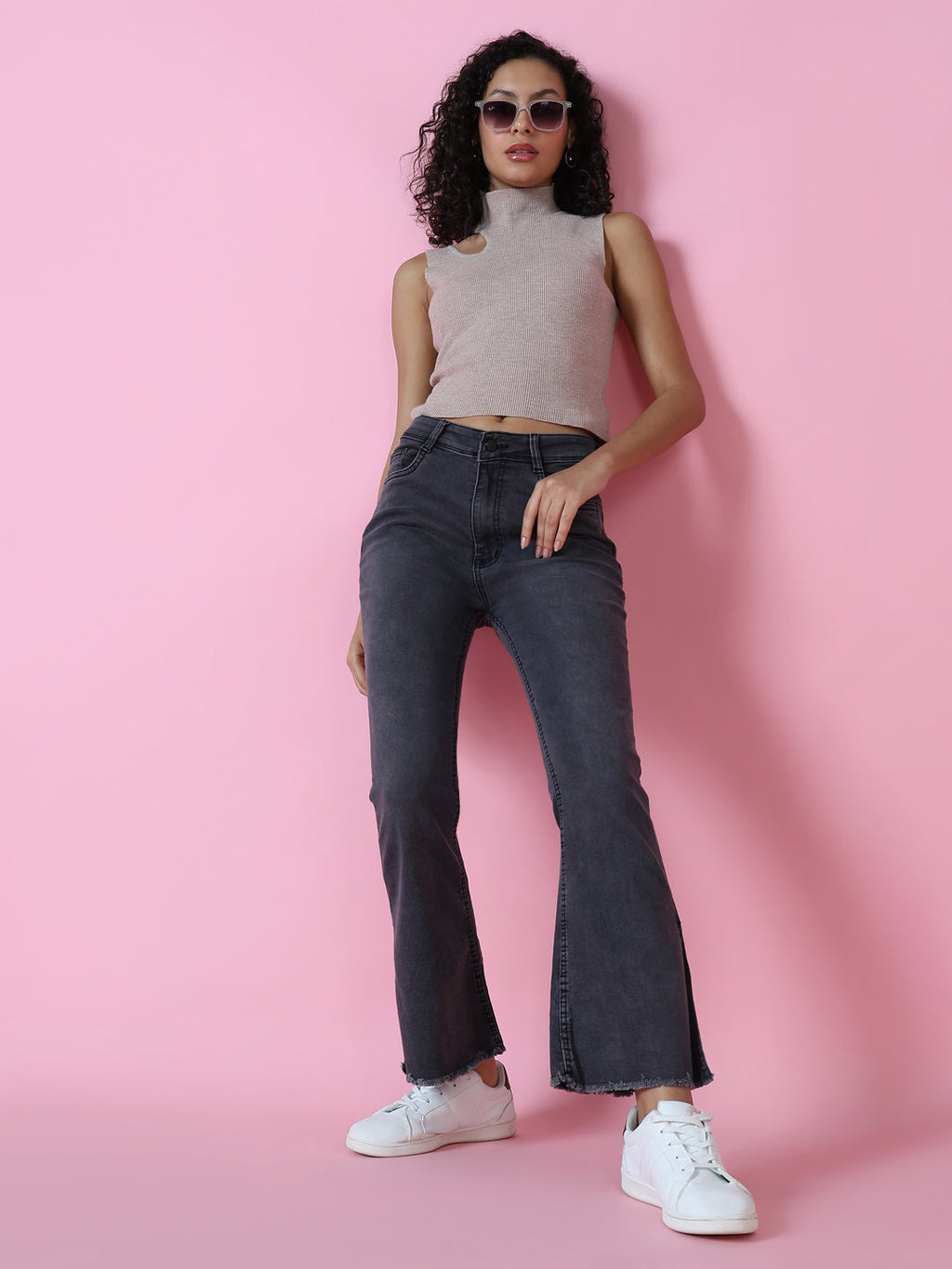 Women's Grey Flared Fit Acid Wash Crinkle Denim Jeans