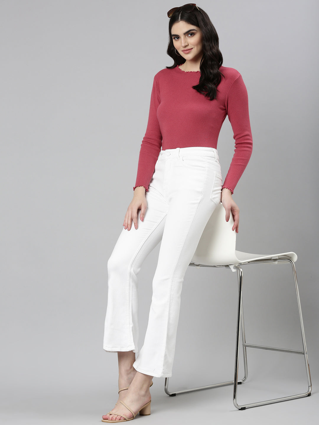 Women's White Jean Bootcut Acid Wash Retro Denims Stretchable Clean Look Jeans