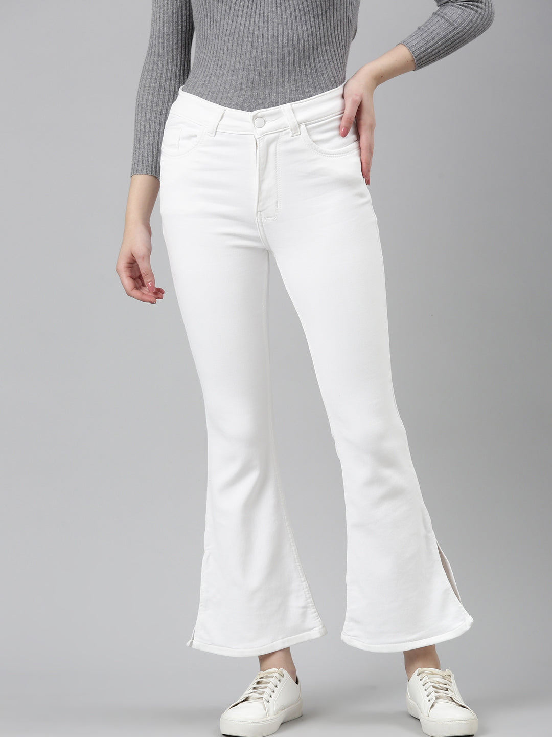 Women's White High-Rise Bootcut Denim Slit Jeans