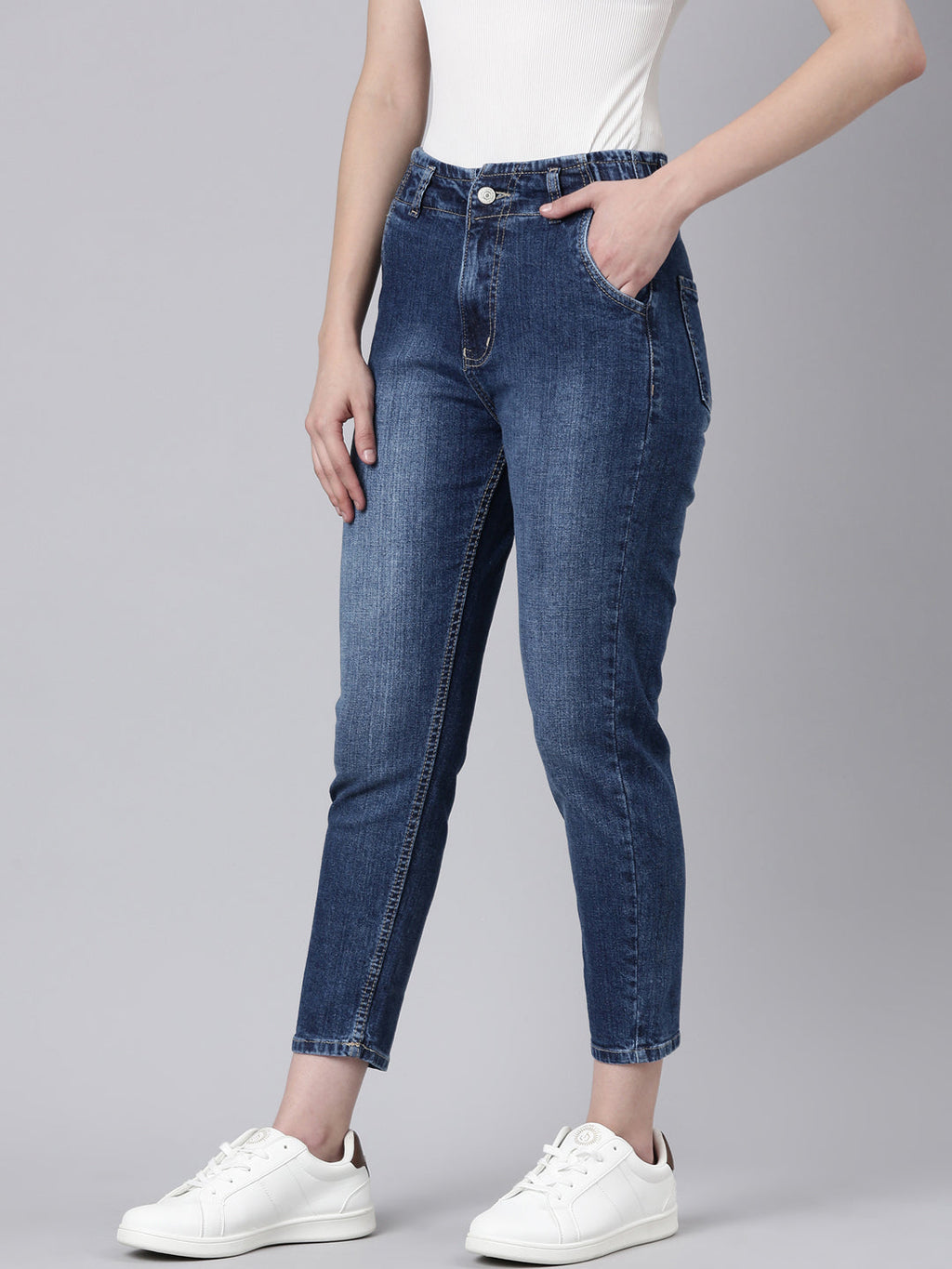 Women's Navy Blue Light Fade Stretchable Mom Fit Denim Jeans