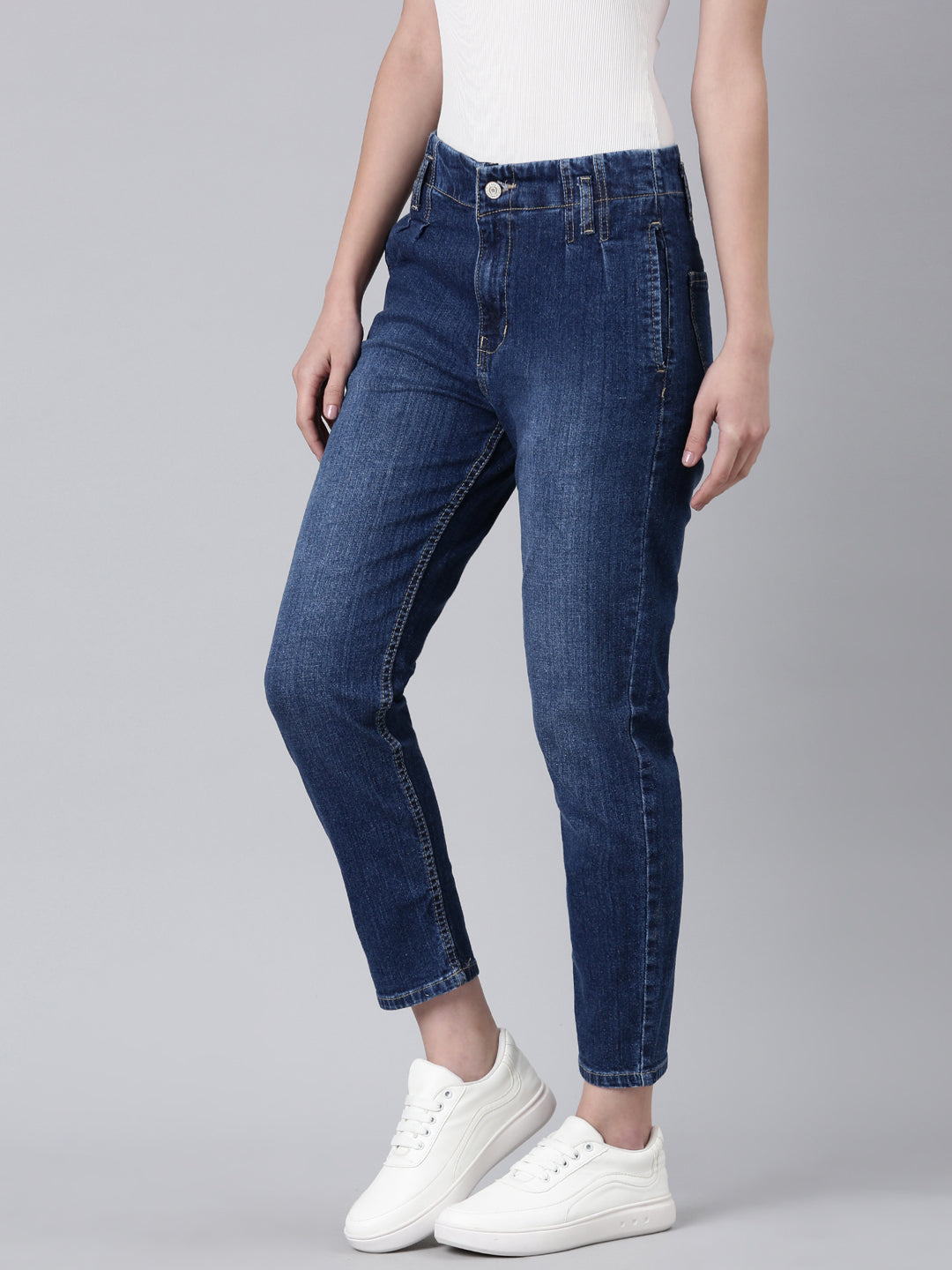 Women's Navy Blue Mom Fit Light Fade Denim Jeans