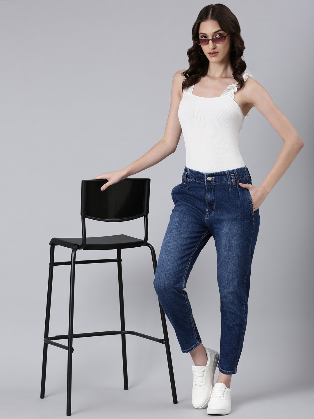 Women's Navy Blue Mom Fit Light Fade Denim Jeans