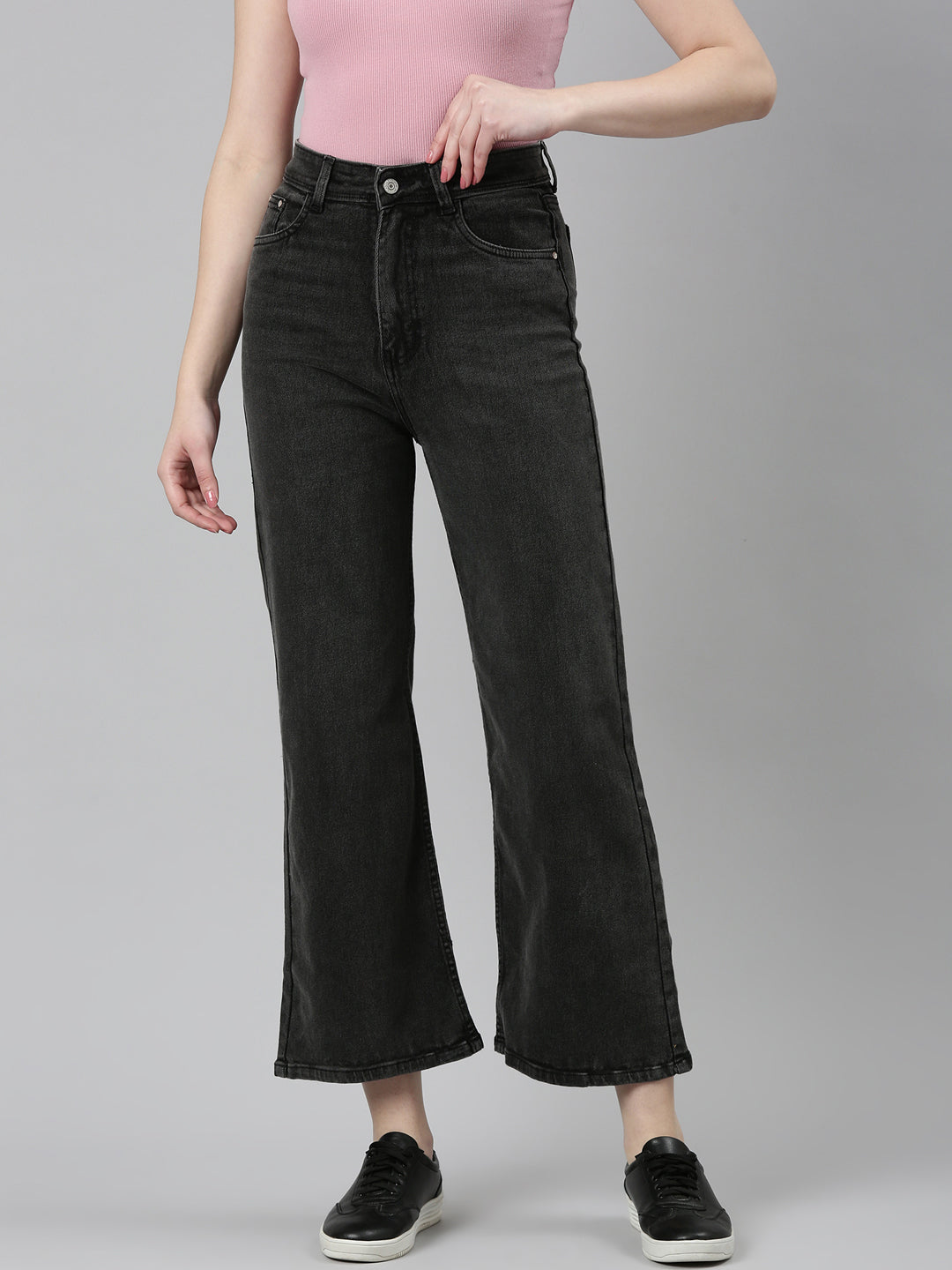 Women's Dark Grey Wide Leg Mid-Rise Cropped Denim Jeans
