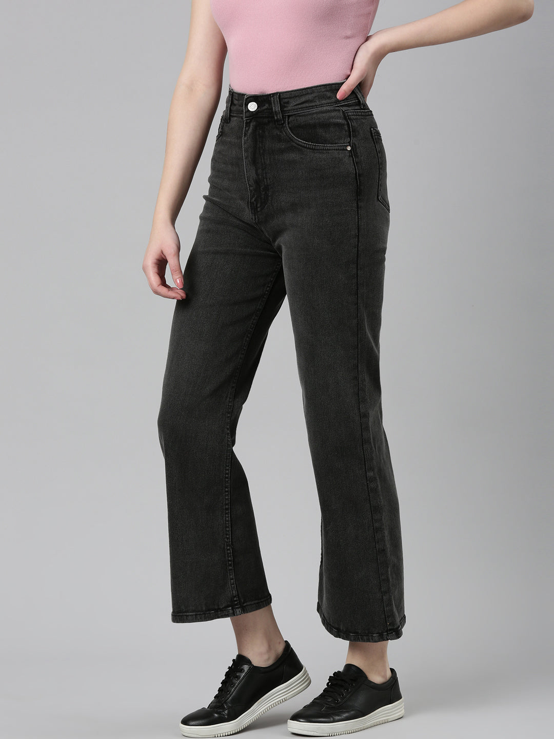 Women's Dark Grey Wide Leg Mid-Rise Cropped Denim Jeans