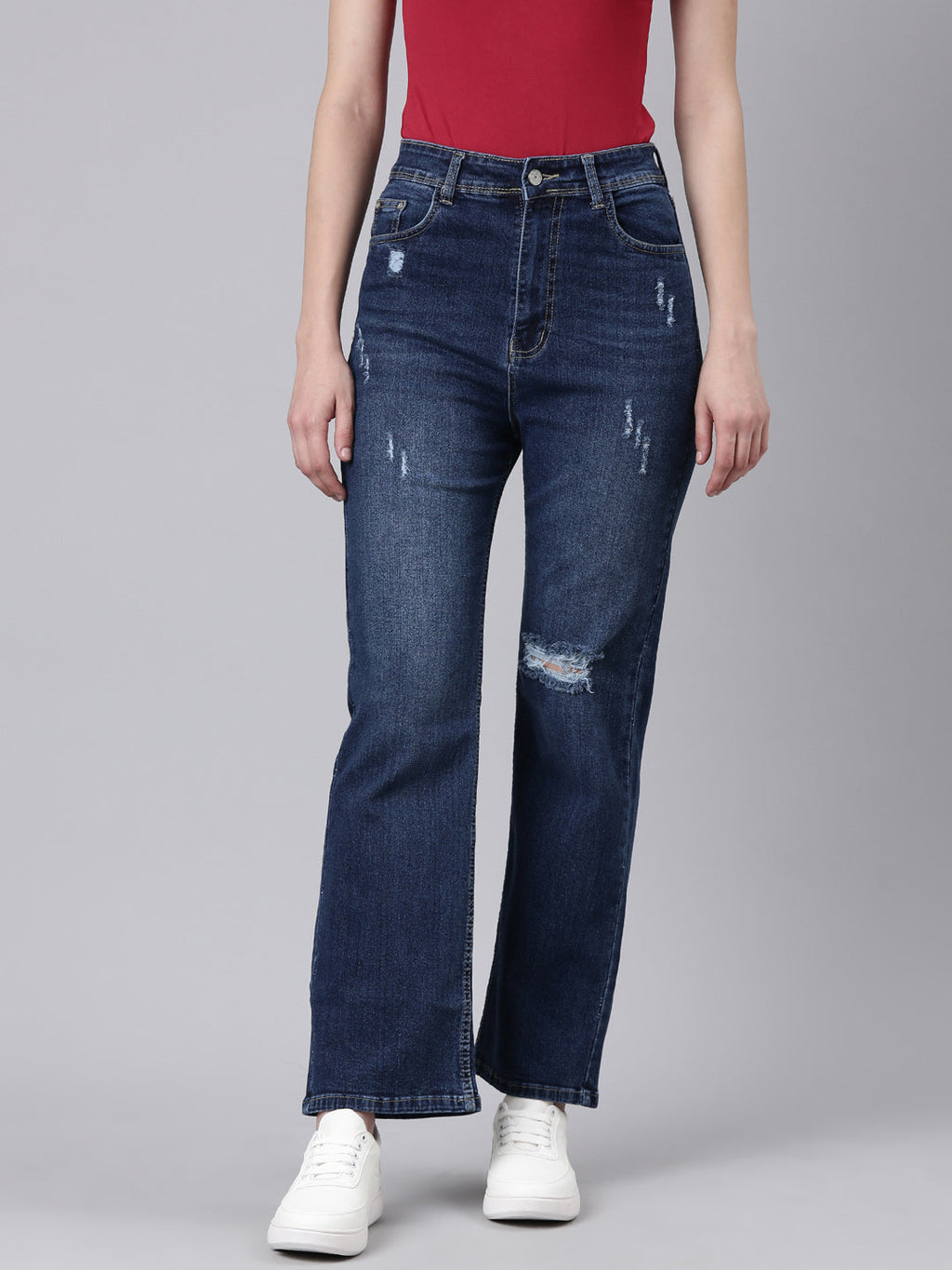 Women's Navy Blue Mid Rise Straight Fit Light Fade Denim Jeans