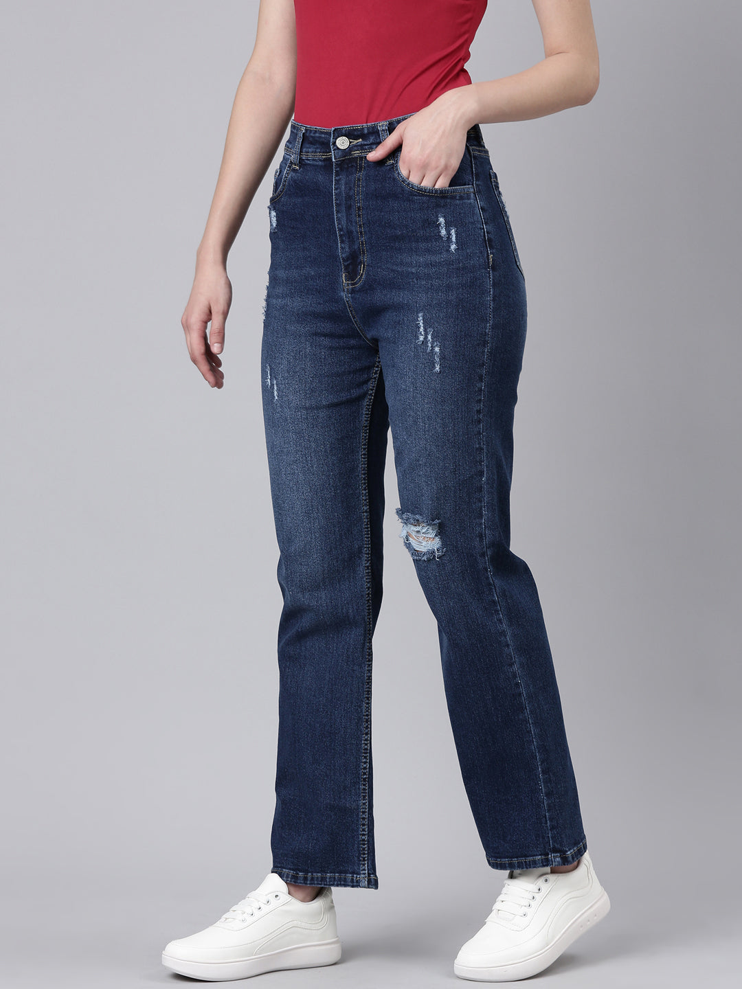 Women's Navy Blue Mid Rise Straight Fit Light Fade Denim Jeans