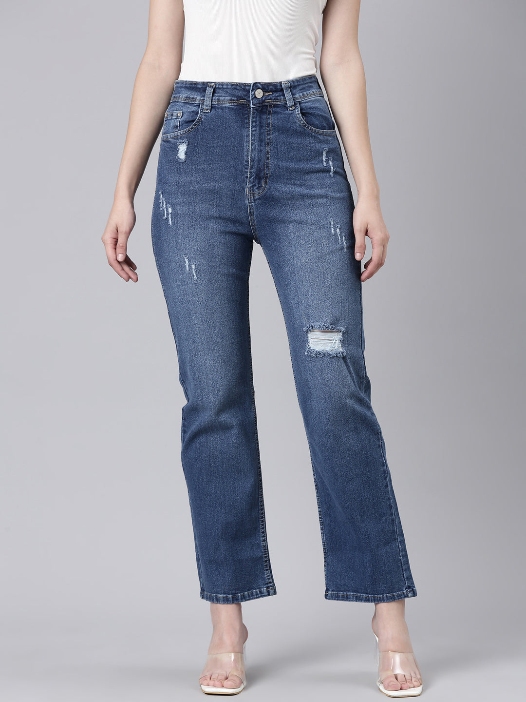 Women's Navy Blue Straight Fit Mildly Distressed Light Fade Denim Jeans