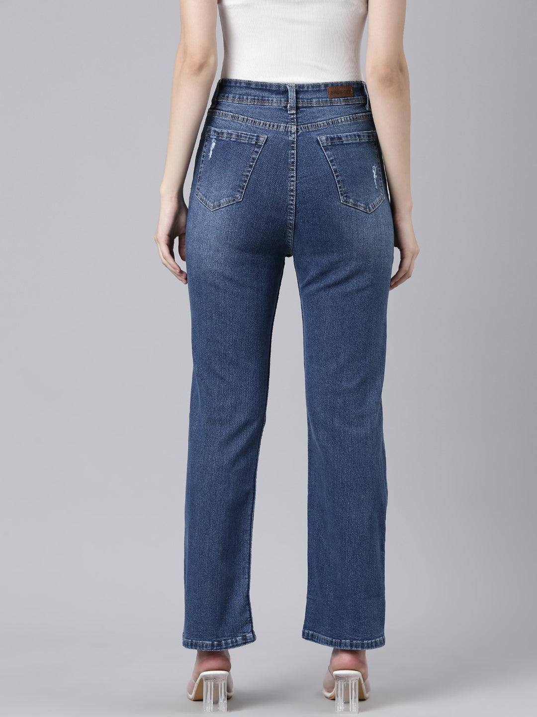 Women's Navy Blue Straight Fit Mildly Distressed Light Fade Denim Jeans