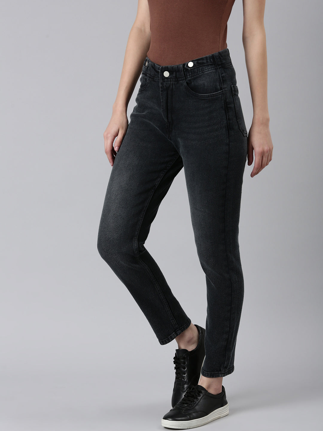 Women's Dark Grey Jean Light Fade High-Rise Cropped Denim Jeans
