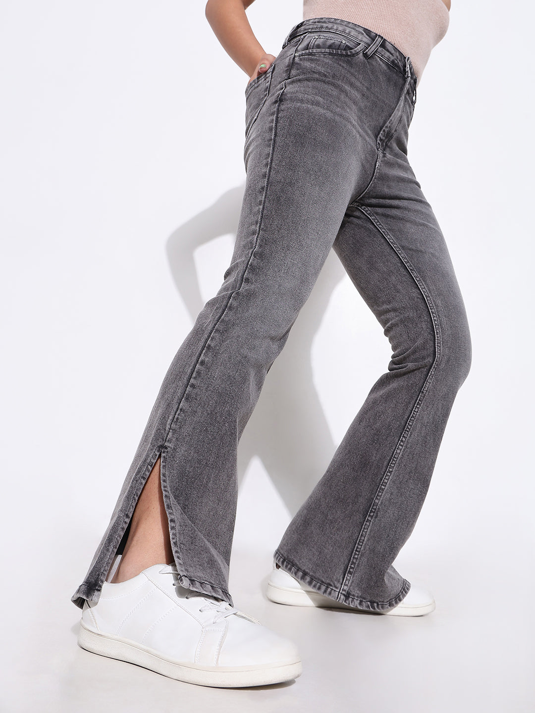 Women's Grey Comfort Bootcut Light Fade Acid Wash Stretchable Jeans