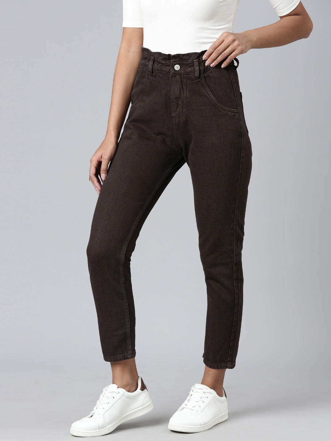 Women's Brown Mid-Rise Mom Fit Denim Jeans